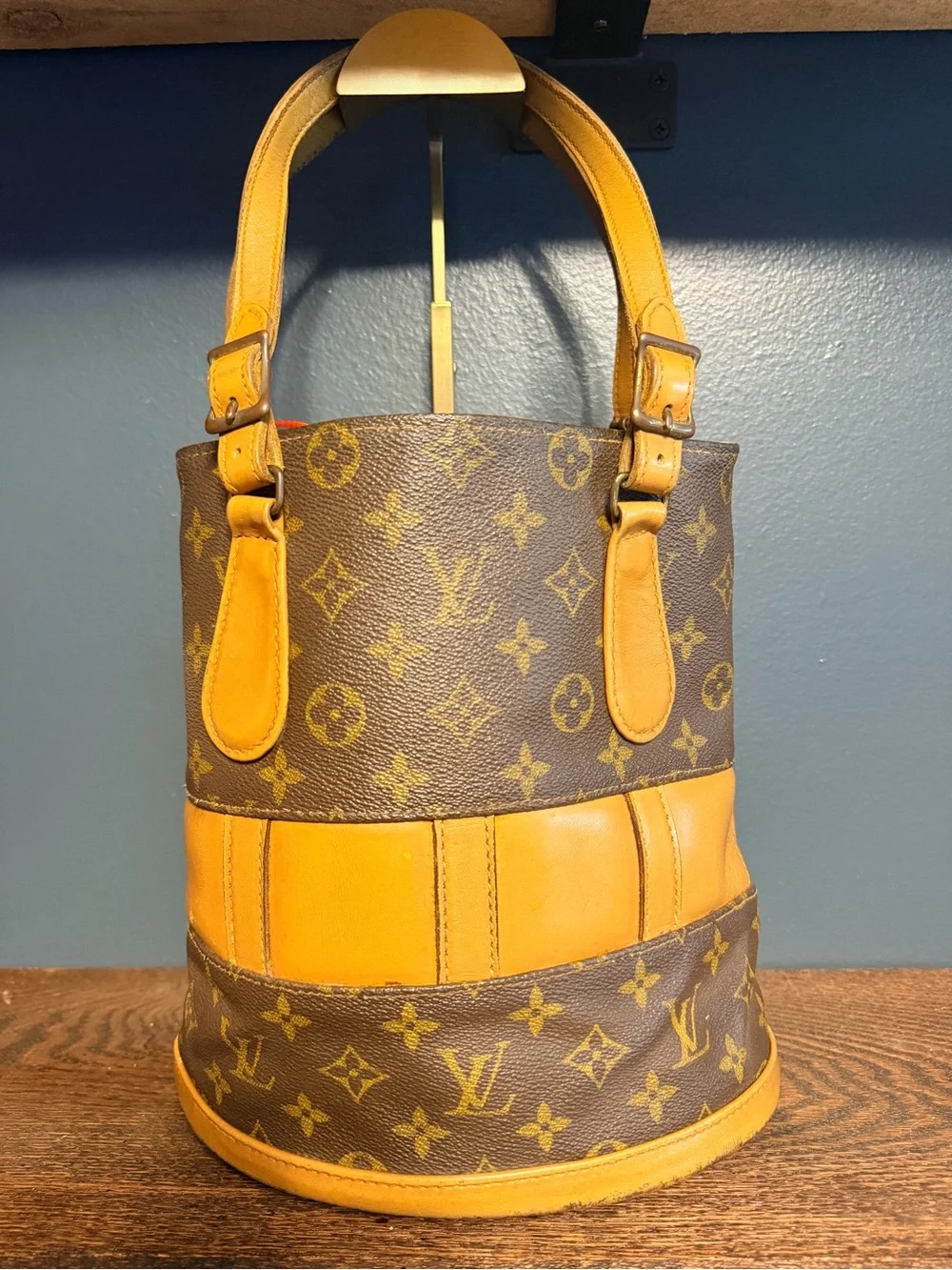 Louis Vuitton Vintage 1970’s Brown Monogram and Tan Leather Bucket Bag COA